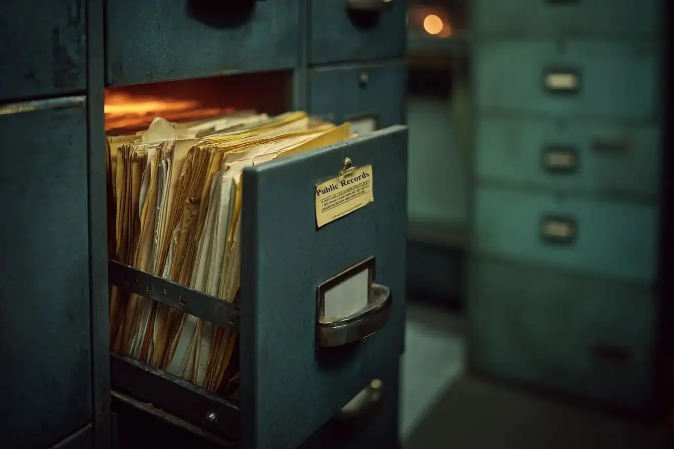 Open filing cabinet drawer labeled Public Record, glowing with archived documents — a metaphor for AI surfacing your brand's history