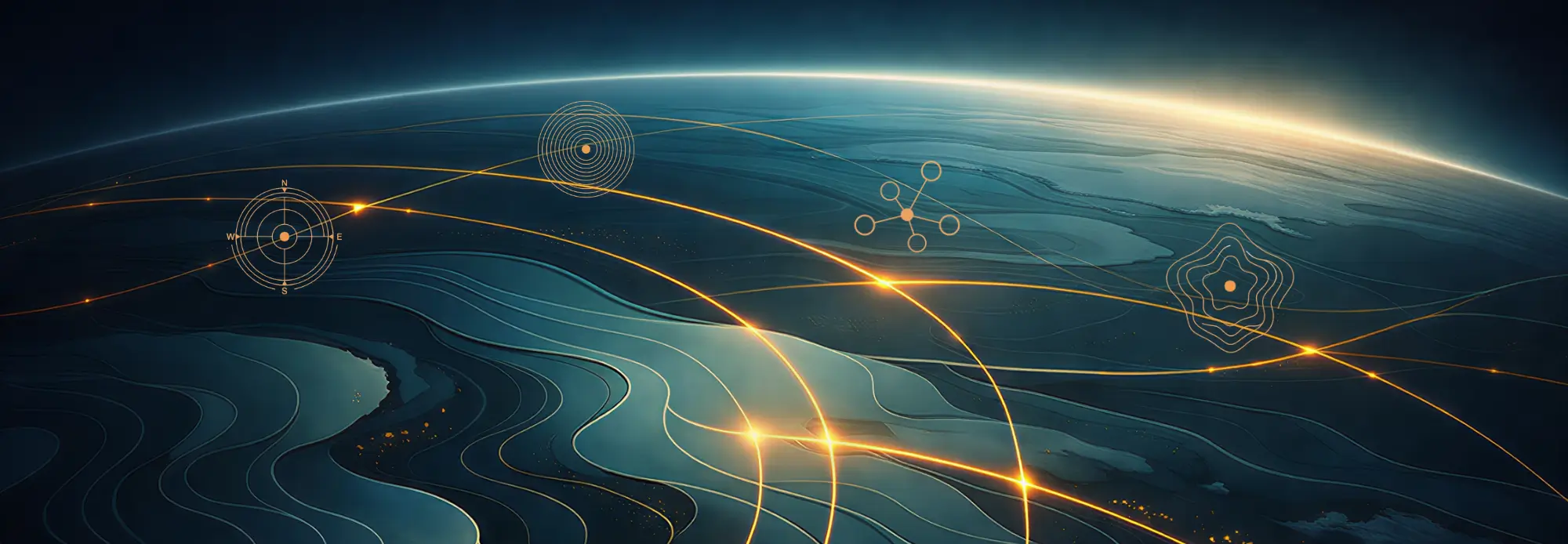 Strategic AI visibility dashboard showing GEO ranking factors for professional services - An orbital view of Earth showing strategic data pathways and ghosted markers.