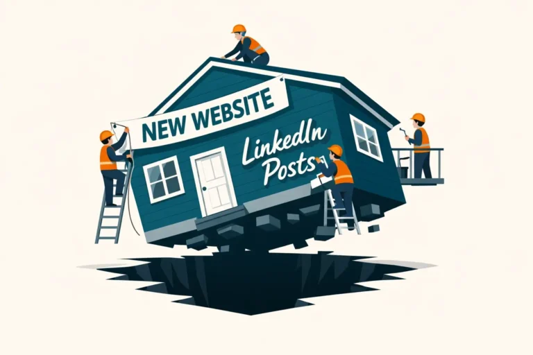 Illustration of content marketing tactics collapsing without structured authority foundation